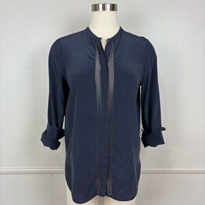 Vince Dark Blue Silk‎ Blouse Button Front Sz 10 Sheer Panel Quiet Luxury Minimal